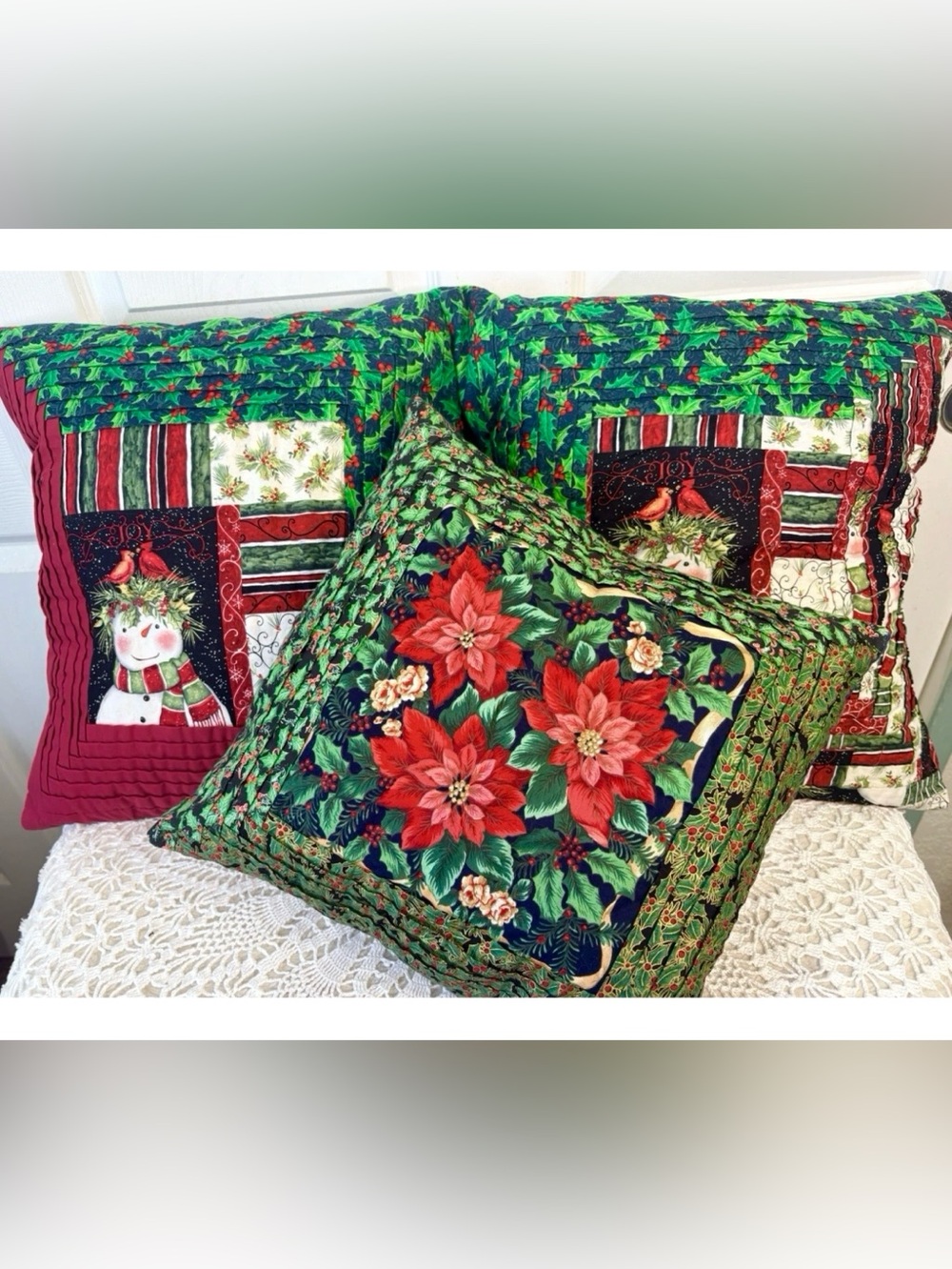 VTG 80s Set Of 3 Handmade Christmas Patchwork Quilt Snowman Throw pillows 17”